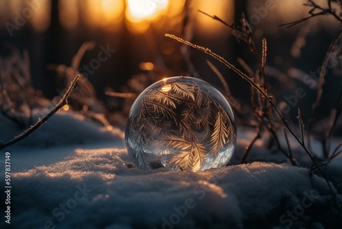 A mystical quartz ball rests on snow against a winter evening background. A perfect addition for the winter solstice and Yule rituals. Generative AI photo
