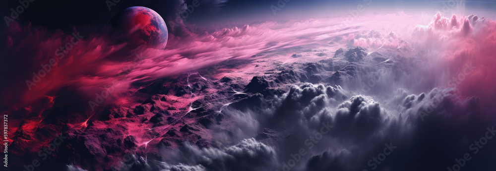 a planet in the space with clouds and a pink and purple planet, mysterious backdrops, dark gray and light crimson. Generative AI