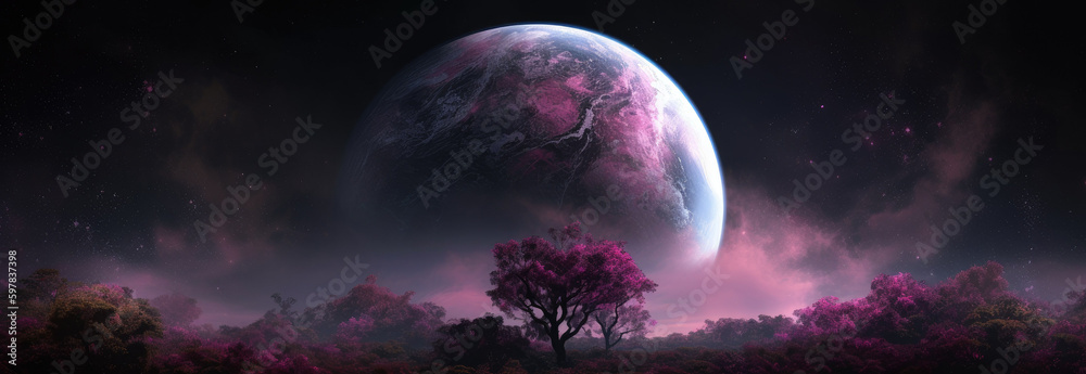 a planet in the space with clouds and a pink and purple planet ...
