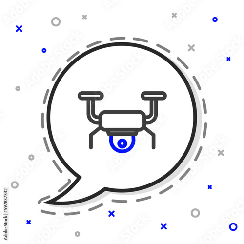 Line Drone flying icon isolated on white background. Quadrocopter with video and photo camera symbol. Colorful outline concept. Vector