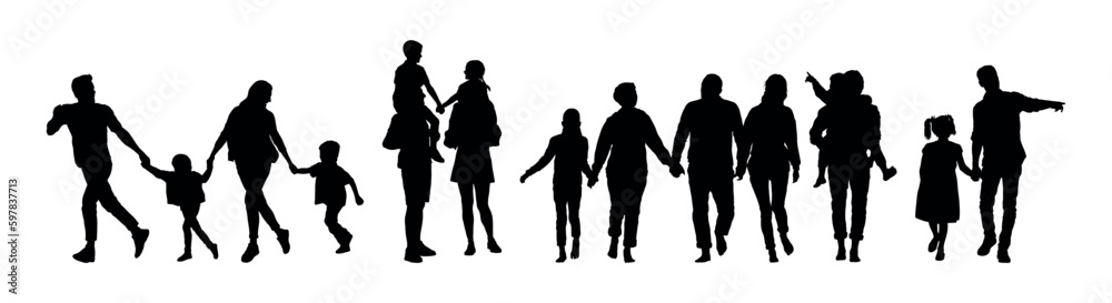 Family group walking together outdoor activities silhouette set. - obrazy, fototapety, plakaty 