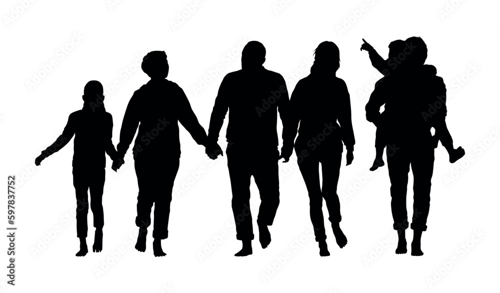 Big family walking together barefoot outdoor vector silhouette.