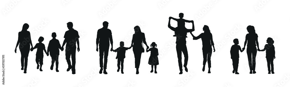 Family parents  with children walking together white background silhouette set.