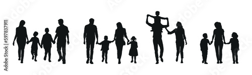 Family parents with children walking together white background silhouette set.