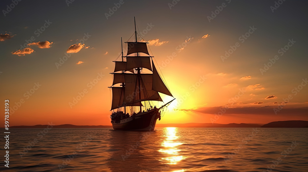 A sailing ship against the sunset