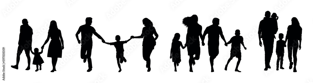 Family holding hands walking together outdoor activities silhouette set.