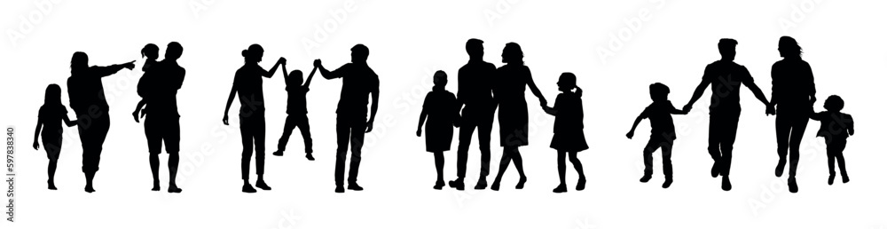 Family group walking together outdoor activities silhouette set.