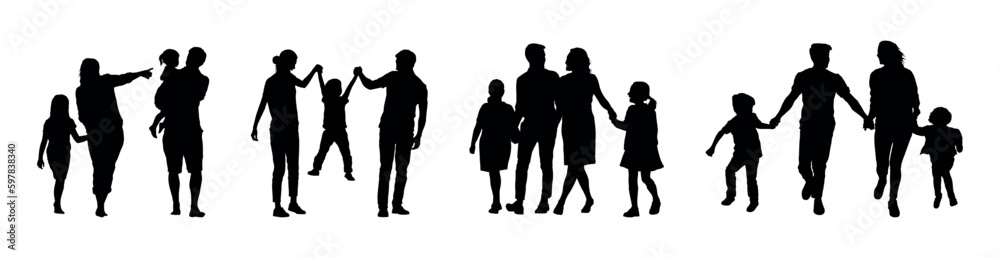 Family group walking together outdoor activities silhouette set. Family group walking together outdoor activities silhouette set.