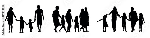 Family and kids walking together various poses on white background silhouette set.