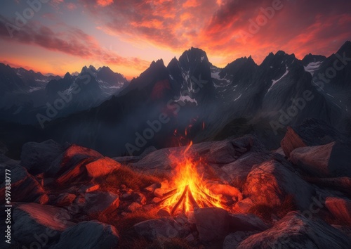 Campfire At The Top of the mountain. Concept for camping and hiking. Generative AI.