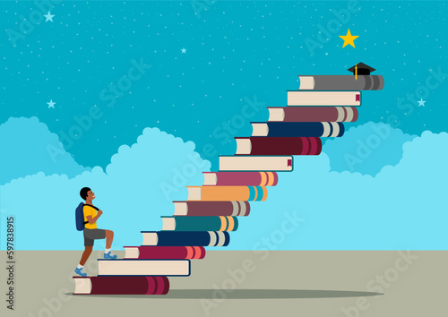 Afro Boy with a backpack climbing the stairs made of books to reach the stars