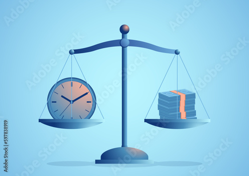 Business concept illustration of a clock and bank notes on a scale