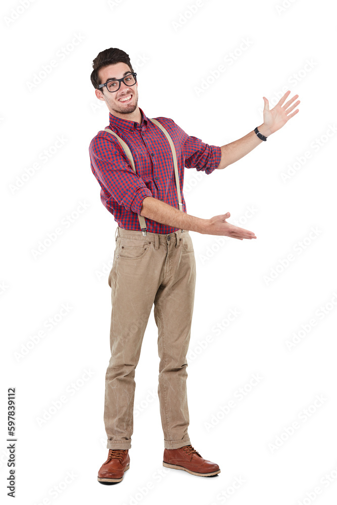 Portrait, man and hand gesture for model in glasses or happy nerd isolated on a transparent png background. Advert, promotions and wearing hipster clothing for showing sale or marketing for business Portrait, man and hand gesture for model in glasses or happy nerd isolated on a transparent png background. Advert, promotions and wearing hipster clothing for showing sale or marketing for business