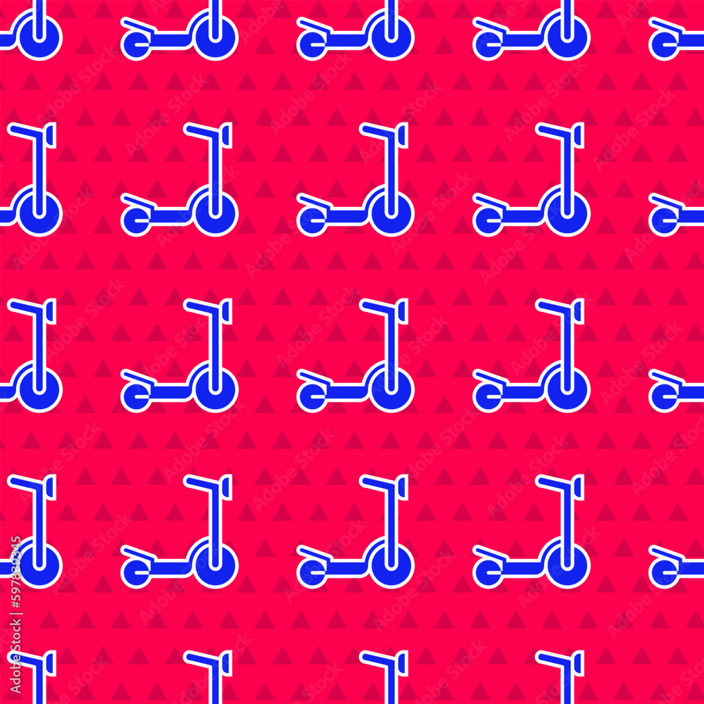 Obraz premium Blue Roller scooter for children icon isolated seamless pattern on red background. Kick scooter or balance bike. Vector
