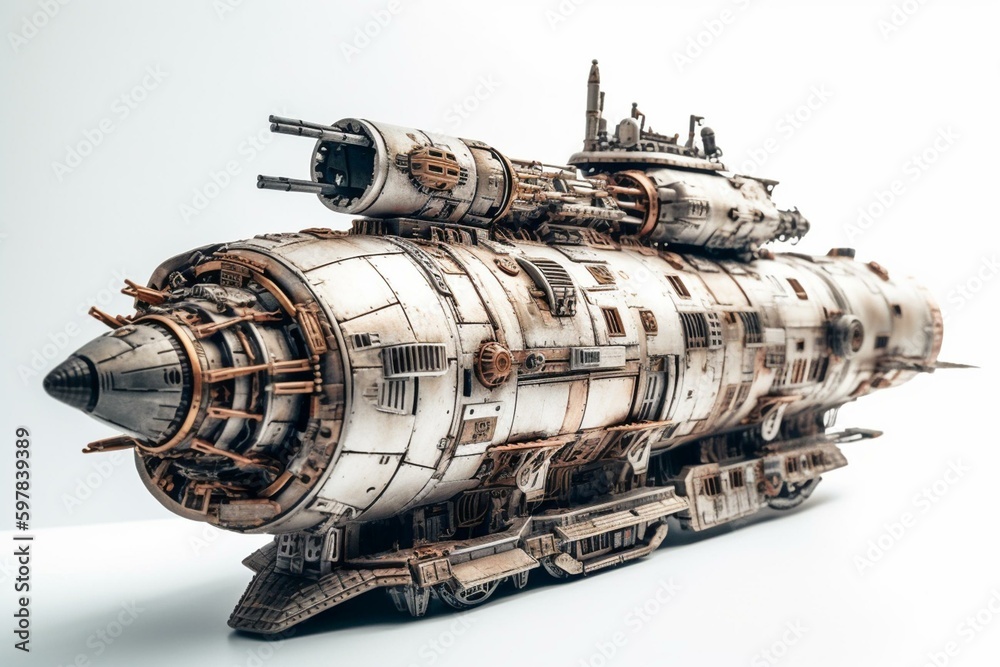 Side view of a white background spaceship with Steam Punk design. Generative AI