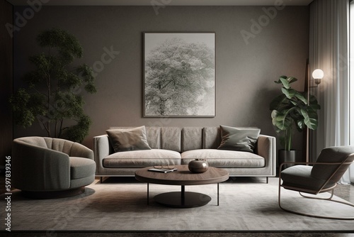 Contemporary lounge area with a modern sofa. Generative AI