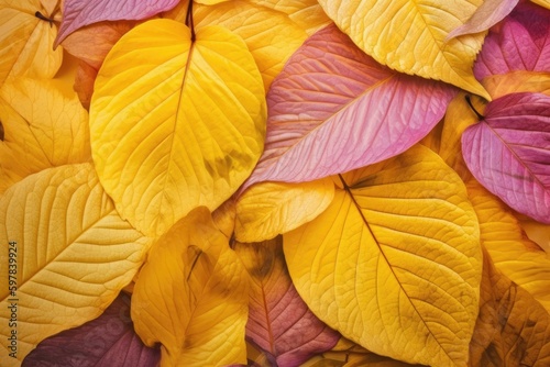 autumn leaves texture with yellow gold and pink color - Generative AI