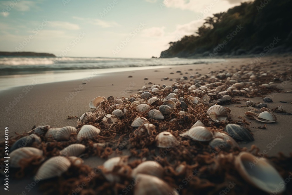 Tranquil shoreline with seashells and sand. Generative AI
