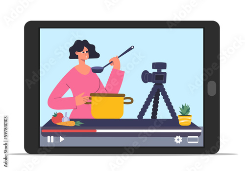 Video bloggers online streaming. Social media content creators, cooking video guides. Female character preparing soup