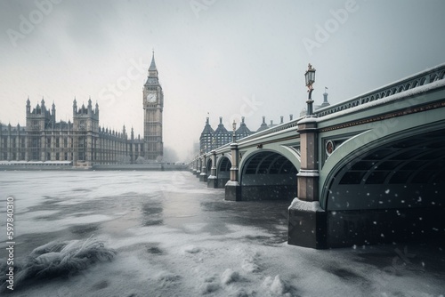 Stunning London view of Westminster Bridge and Big Ben during winter snowy day, England. Generative AI