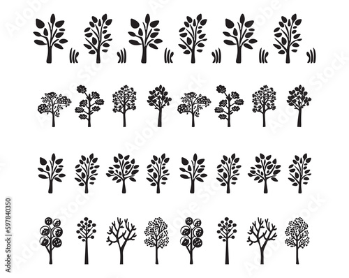 Collection of woodland tree scandi linocut vector border. Washi tape design in forest block print style for monochrome ink sketch graphic. 