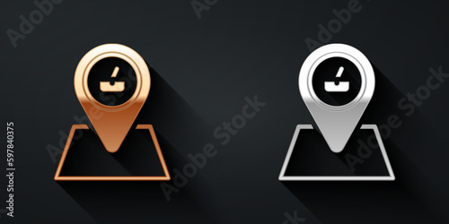 Gold and silver Picnic location icon isolated on black background. Long shadow style. Vector