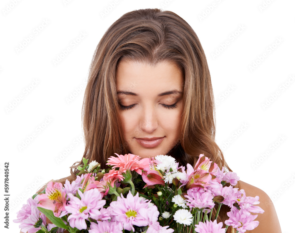 Isolated woman, smell flowers and eyes closed with smile for present, gift and happy by transparent png background. Girl, model and thinking with floral bouquet for valentines day, birthday or event Isolated woman, smell flowers and eyes closed with smile for present, gift and happy by transparent png background. Girl, model and thinking with floral bouquet for valentines day, birthday or event