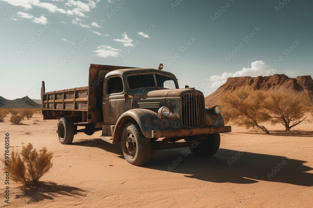 An aged truck amidst arid land. Generative AI