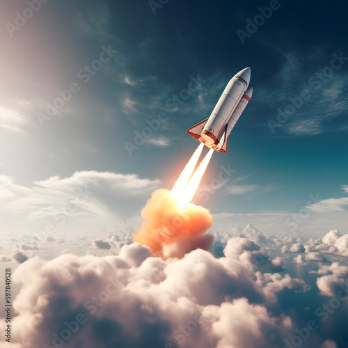 Rocket ship with space, sky clouds and stars on blue background created with Generative AI technology.