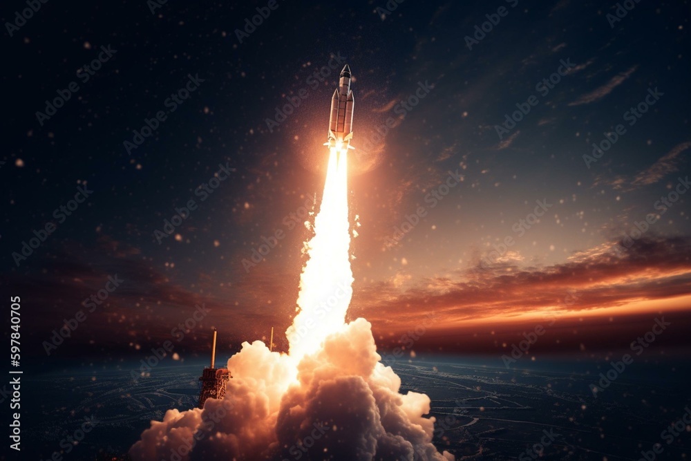 A space rocket takes off into the night sky, successful, idea. Generative AI