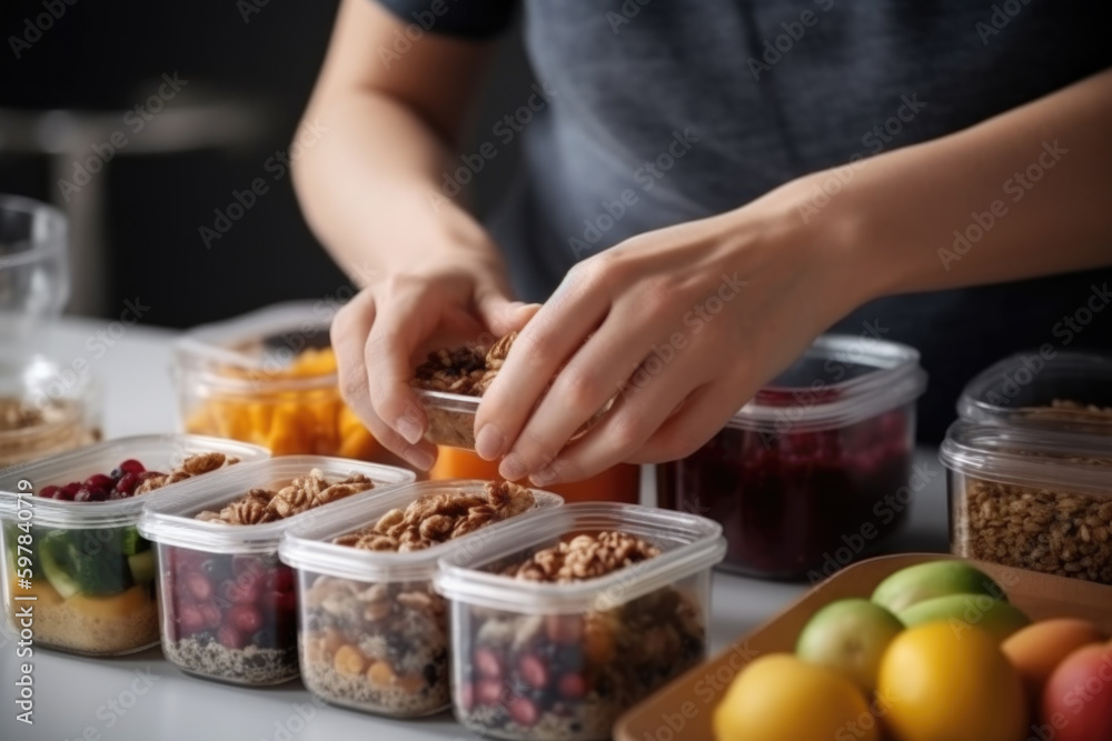 Woman putting cut fruit and vegetable into box and containers,  closeup. Generative AI.