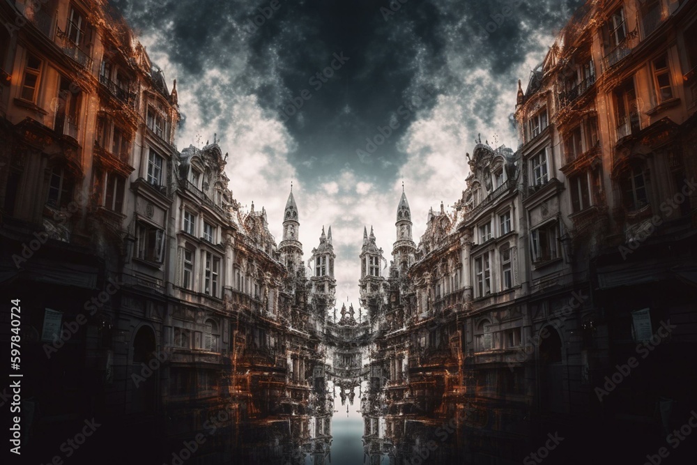 Old city with intricate sky painting and symmetrical layout, dark tone. Generative AI
