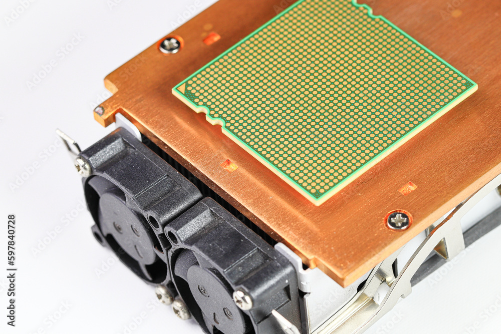 CPU on heat sink, computer processor cooler, radiator, equipment cooler ...