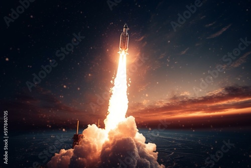 A space rocket takes off into the night sky, successful, idea. Generative AI