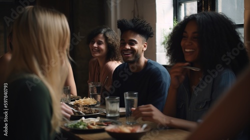 A diverse group of friends sharing a home-cooked meal, laughing and enjoying each other s company as their chosen family. Generative AI