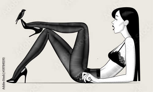 Woman in black underwear and dark tights, reclining cross-legged, looks at a bird sitting on the toe of her high-heeled shoes. Fashion concept. Vintage 
engraving stylized drawing. Vector illustration