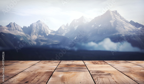 Empty wooden tabletop with mountains background for advertising and presentation. Selective focus on tabletop. Generative AI illustration