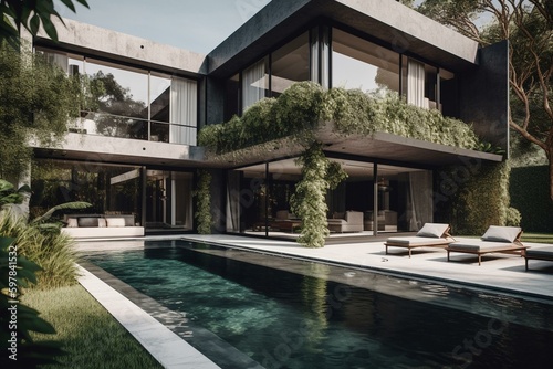 Modern luxury villa with garden pool. Generative AI © Isadore