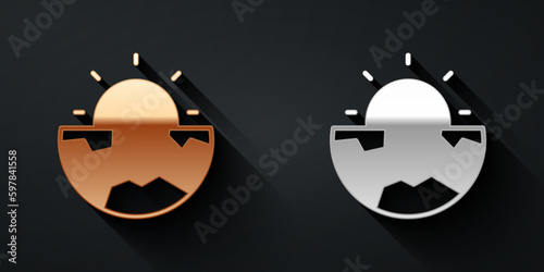 Gold and silver Earth core structure crust icon isolated on black background. Long shadow style. Vector
