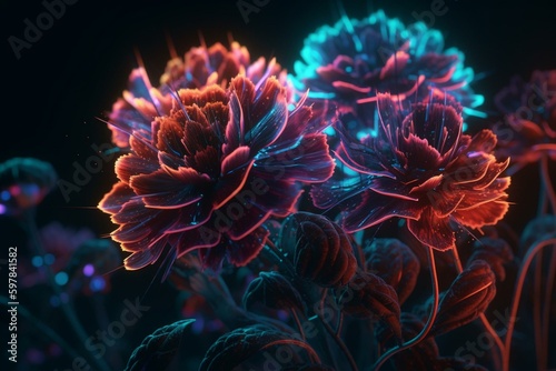 Floral fractal made of neon tubes. Generative AI