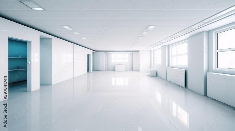 Fototapeta premium Illustration of glossy spacious well lit white interior with light reflections and copy space. Indoor background. AI generative image.
