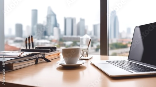 Modern office comfortable workplace with laptop and mug on a table by window with skyscrapers big city view. Indoor background. AI generative image
