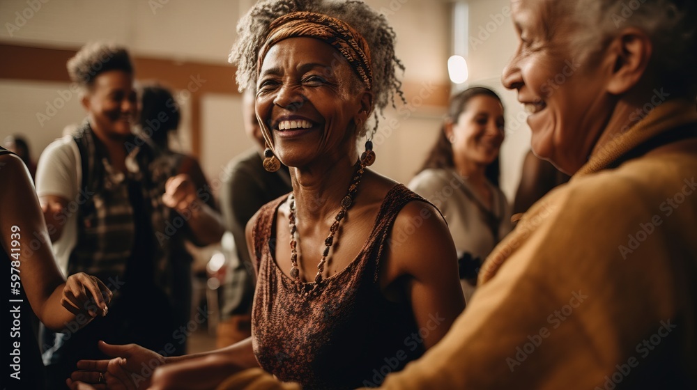 A candid shot of a diverse dance class for seniors, with participants of various races, genders, and body sizes, enjoying themselves and moving in harmony. Generative AI