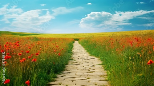 Fényképezés Yellow brick road through green meadows with red poppy flowers, fantasy summer outdoor background