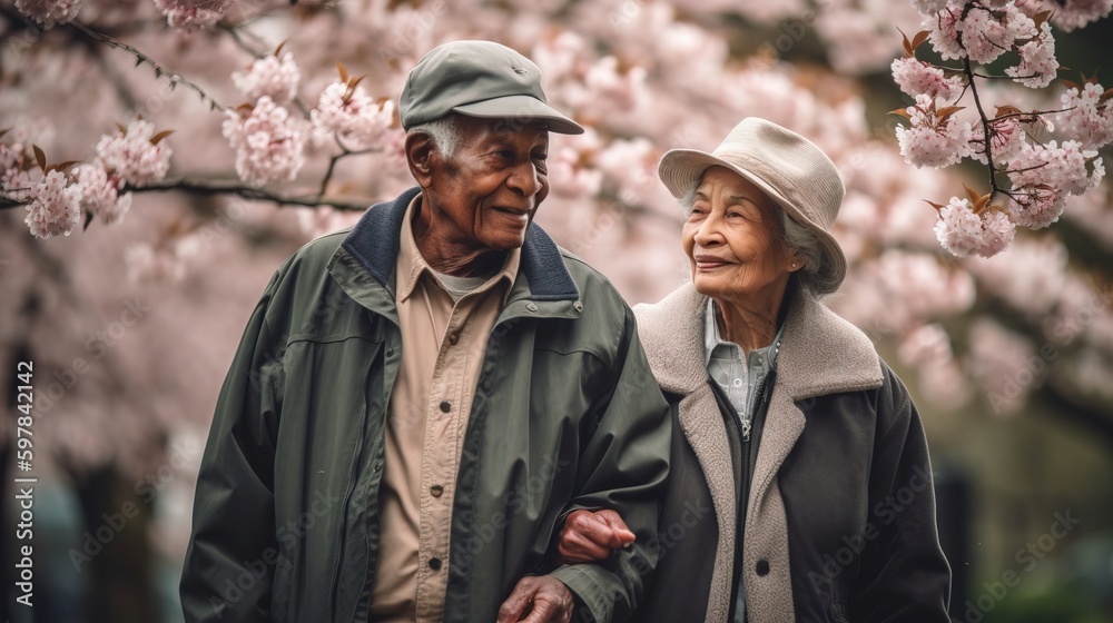 A candid shot of an elderly interracial couple holding hands and sharing a loving glance while walking in a park full of blooming cherry blossoms. Generative AI