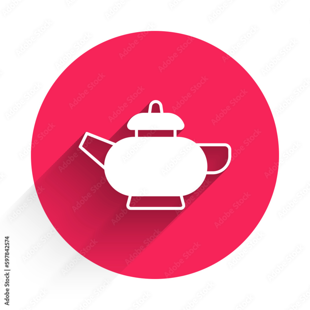 White Traditional Chinese tea ceremony icon isolated with long shadow background. Teapot with cup. Red circle button. Vector White Traditional Chinese tea ceremony icon isolated with long shadow background. Teapot with cup. Red circle button. Vector
