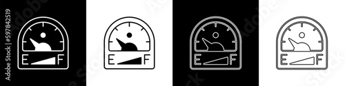 Set Motor gas gauge icon isolated on black and white background. Empty fuel meter. Full tank indication. Vector