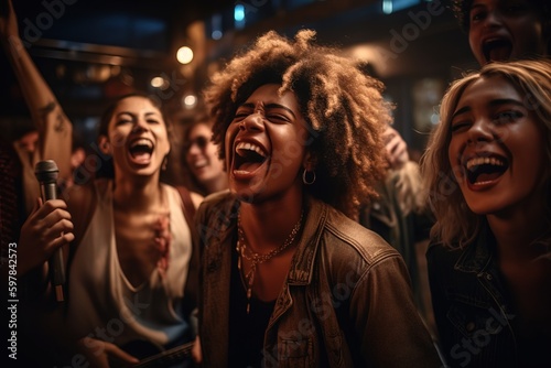 A genuine moment of a diverse group of friends enjoying a karaoke night, singing and dancing with sheer happiness and excitement. Generative AI