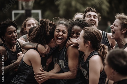 A candid shot of a diverse female basketball team celebrating a victory on an outdoor court, with players of various races, genders, and sizes hugging and cheering together. Generative AI
