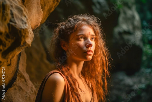 Portrait of a Beautiful Caveman Cro-Magnon Girl with Blurred Cave Entrance Background, Depicting Early Human History and Anthropology photo